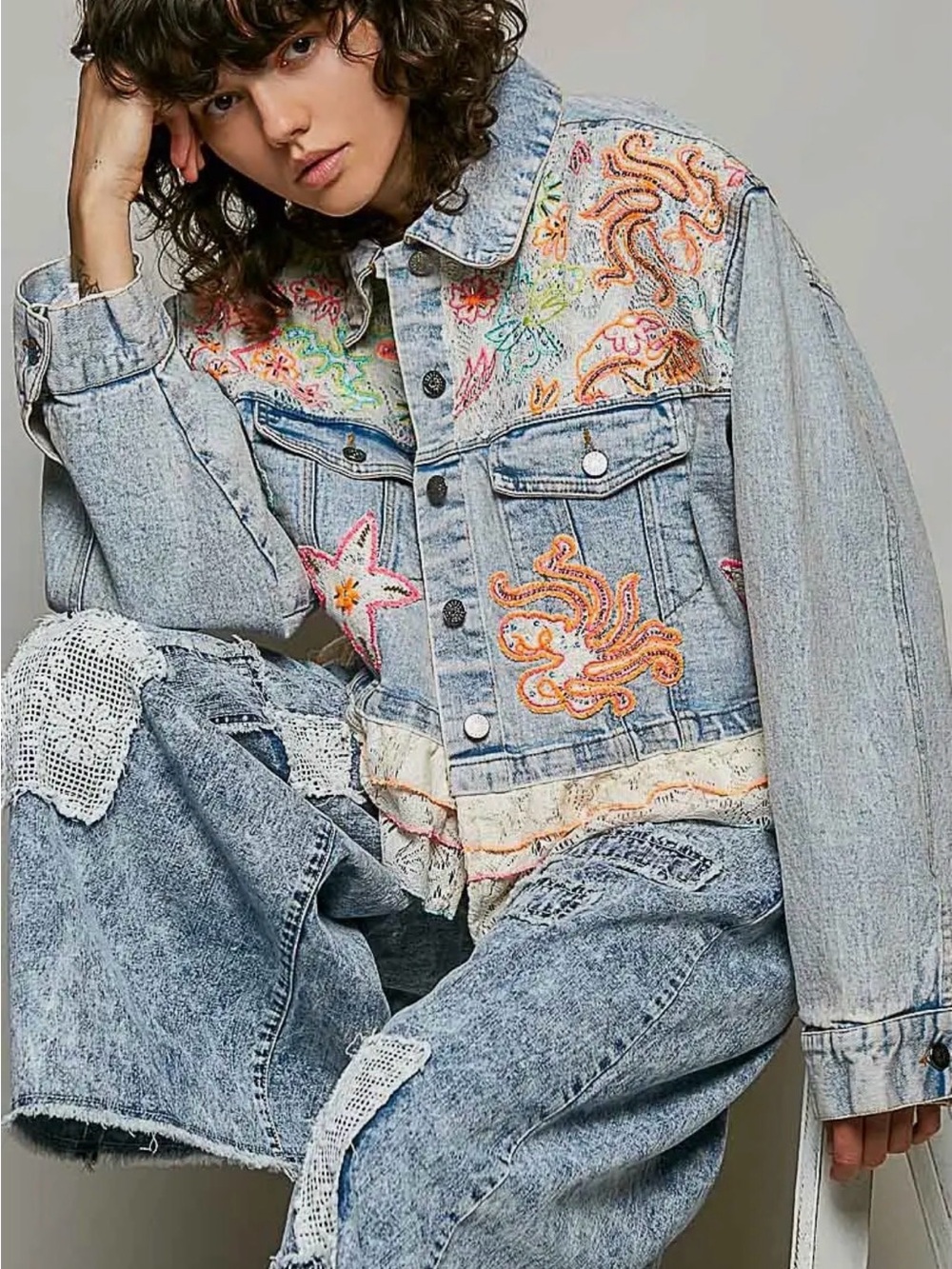 POL denim beaded sequin boho western lace patchwork floral jean jacket coat - Picture 5 of 5